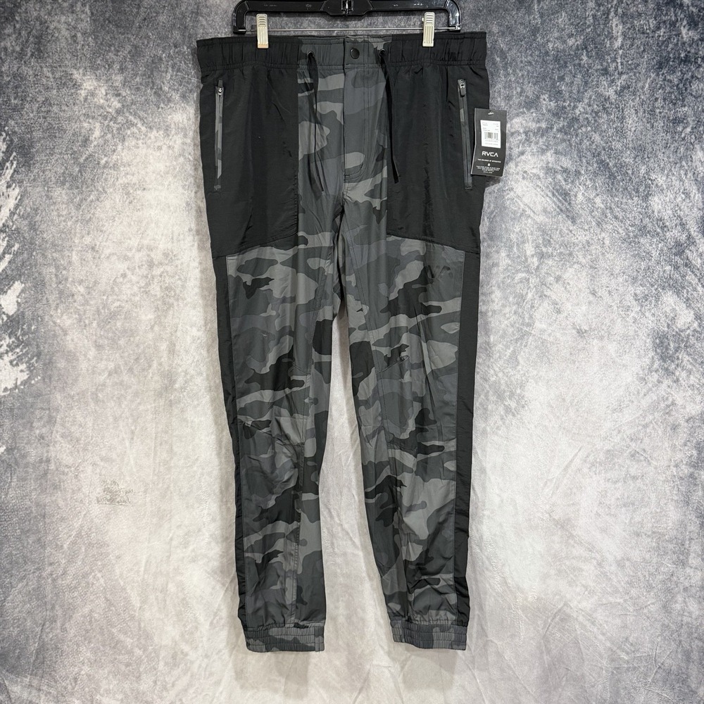 RVCA Men's Yogger Pants Gray Camo Drawstring Zip L Lightweight Activewear